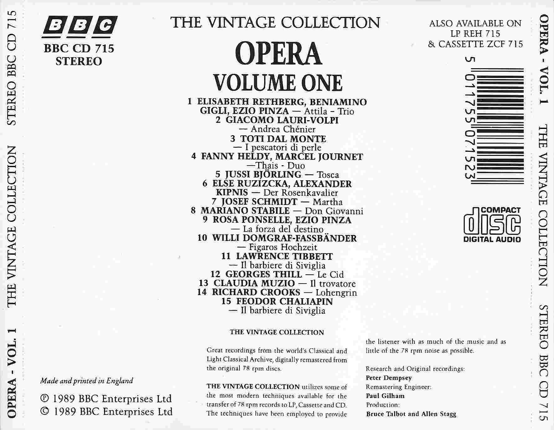 Picture of BBCCD715 The vintage collection - Opera by artist Various from the BBC records and Tapes library